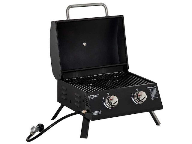 Tafelbarbecue gasbarbecue met 2 branders mobiele grill kleine buitenbarbecue barbecue kampeertafel met regelaar roestvrijstalen slang zwart 55 x 46,5 x 41 cm - afbeelding 2 van  6