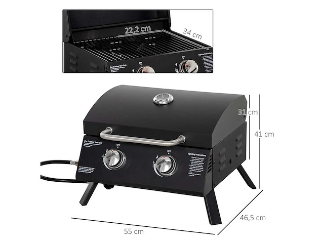 Tafelbarbecue gasbarbecue met 2 branders mobiele grill kleine buitenbarbecue barbecue kampeertafel met regelaar roestvrijstalen slang zwart 55 x 46,5 x 41 cm - afbeelding 3 van  6