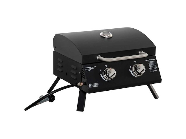 Tafelbarbecue gasbarbecue met 2 branders mobiele grill kleine buitenbarbecue barbecue kampeertafel met regelaar roestvrijstalen slang zwart 55 x 46,5 x 41 cm - afbeelding 6 van  6