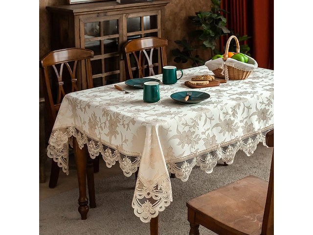 Tafelkleed beige 140*240cm jacquard - afbeelding 2 van  4