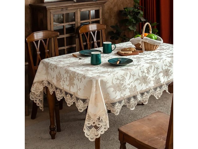 Tafelkleed beige 140*240cm jacquard - afbeelding 2 van  4
