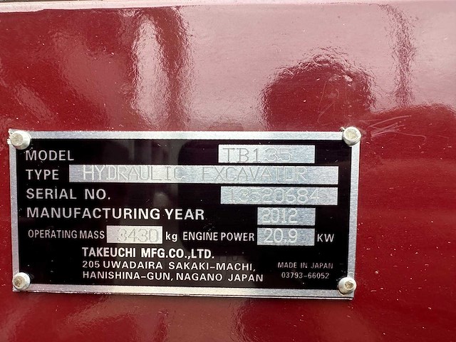Takeuchi - 2012 - tb135 - minigraafmachine - afbeelding 37 van  42