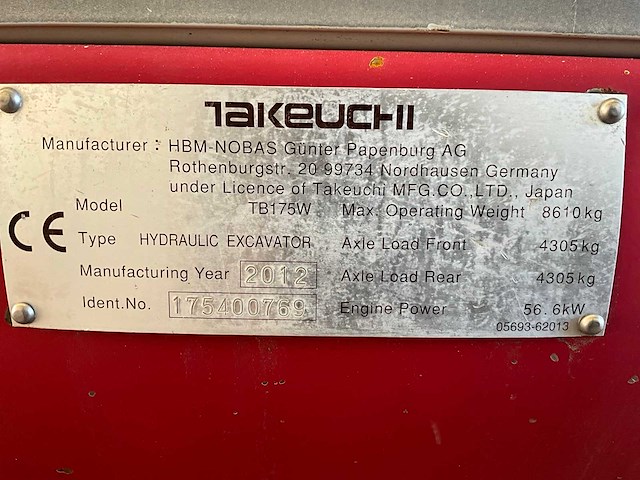 Takeuchi - tb175w - wheeled excavator - 2012 - afbeelding 8 van  31