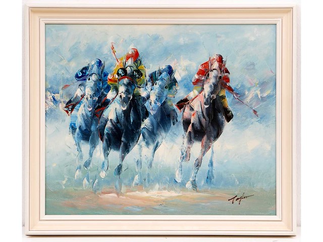 Taylor - jockeys en racepaarden in actie - acryl op doek - 50x60 cm - afbeelding 1 van  3