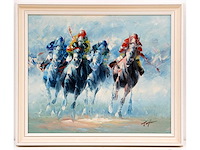 Taylor - jockeys en racepaarden in actie - acryl op doek - 50x60 cm