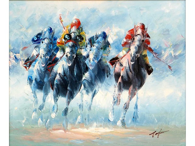 Taylor - jockeys en racepaarden in actie - acryl op doek - 50x60 cm - afbeelding 2 van  3