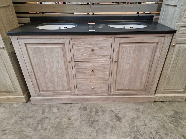 Teakline badkamermeubel retro grey 150cm met laden + 2 onderbouw waskommen - afbeelding 2 van  6