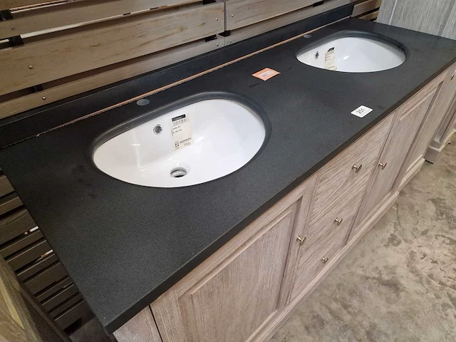 Teakline badkamermeubel retro grey 150cm met laden + 2 onderbouw waskommen - afbeelding 3 van  6