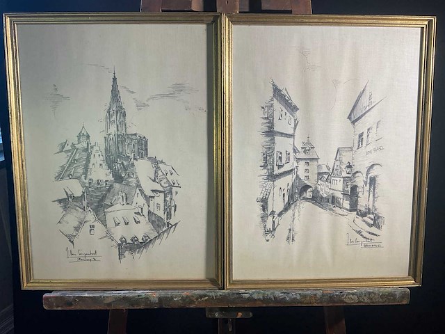 Tekeningen ‘strasbourg’ en ‘rothenburg’ (2x) - afbeelding 1 van  7