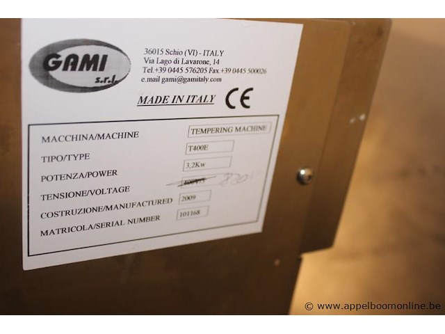 Tempering machine gami t400e, bouwjaar 2009, serienummer 101168, 3,2 kw, 200 v, roestvrij staal, werking niet gekend - afbeelding 4 van  5