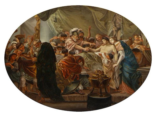 The death of germanicus, rossica painter after the original composition by heinrich friedrich füger (1751-1818), oil on panel with sponki joints 52 x 70 cm. (20.46 x 27.55 in.), frame: 55 x 73 cm. (21.64 x 28.73 in.) - afbeelding 1 van  7