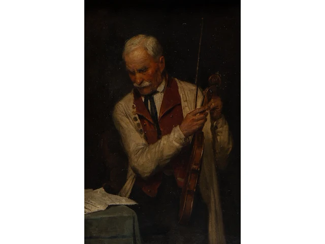 The fiddler, late 19thc, oil on canvas on panel 37 x 23.5 cm. (14.57 x 9 1/4 in.), frame: 46 x 34 cm. (18.10 x 13.39 in.) - afbeelding 1 van  4