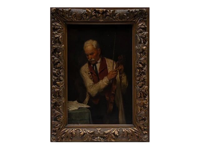 The fiddler, late 19thc, oil on canvas on panel 37 x 23.5 cm. (14.57 x 9 1/4 in.), frame: 46 x 34 cm. (18.10 x 13.39 in.) - afbeelding 2 van  4