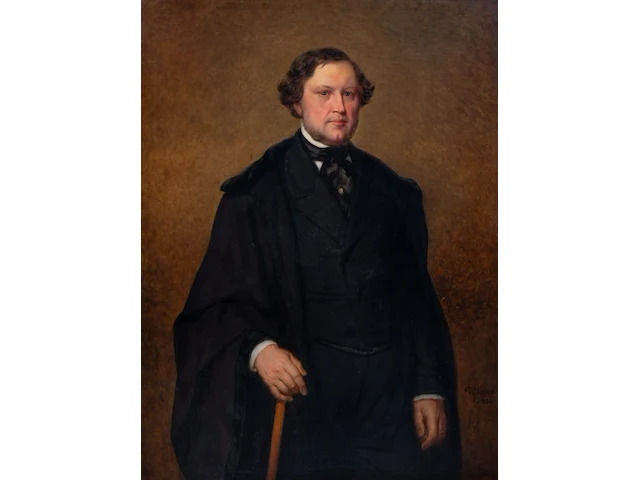 Théodore-joseph caneel (1817-1892), portrait of a man holding a walking stick, 1856, oil on canvas 124 x 94 cm. (48.82 x 37.00 in.), frame: 147 x 117 cm. (57.86 x 46.06 in.) - afbeelding 1 van  5