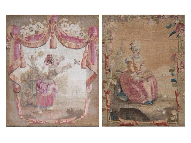 Three 18thc upholstery tapestry fragments with pastoral scenery, framed - afbeelding 1 van  7