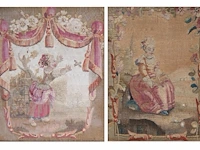 Three 18thc upholstery tapestry fragments with pastoral scenery, framed