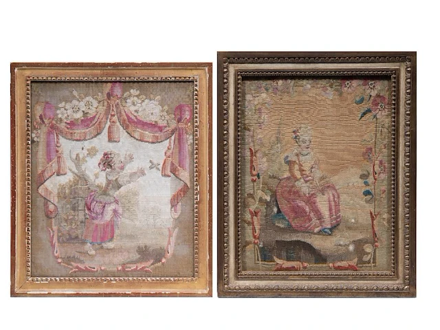 Three 18thc upholstery tapestry fragments with pastoral scenery, framed - afbeelding 2 van  7