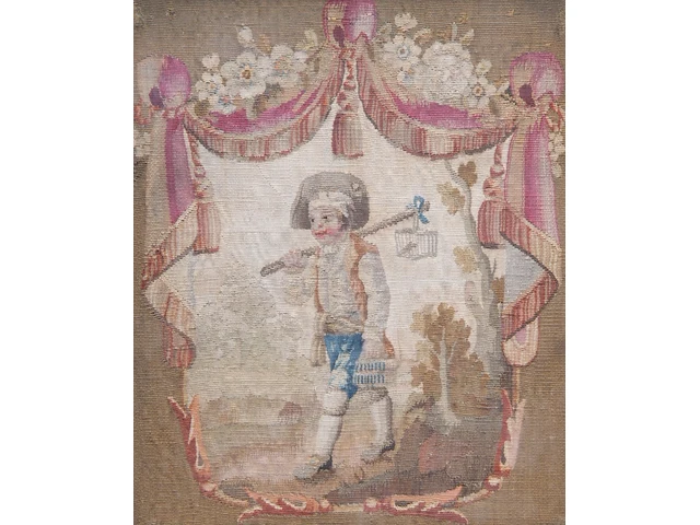 Three 18thc upholstery tapestry fragments with pastoral scenery, framed - afbeelding 3 van  7