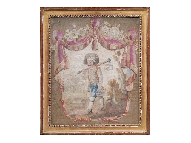 Three 18thc upholstery tapestry fragments with pastoral scenery, framed - afbeelding 4 van  7