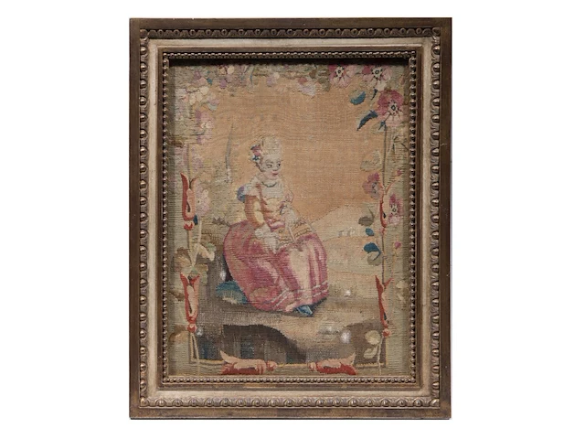 Three 18thc upholstery tapestry fragments with pastoral scenery, framed - afbeelding 5 van  7