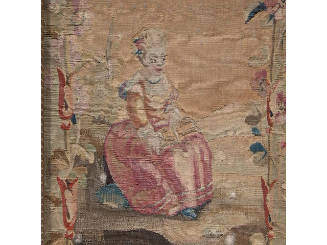 Three 18thc upholstery tapestry fragments with pastoral scenery, framed - afbeelding 6 van  7