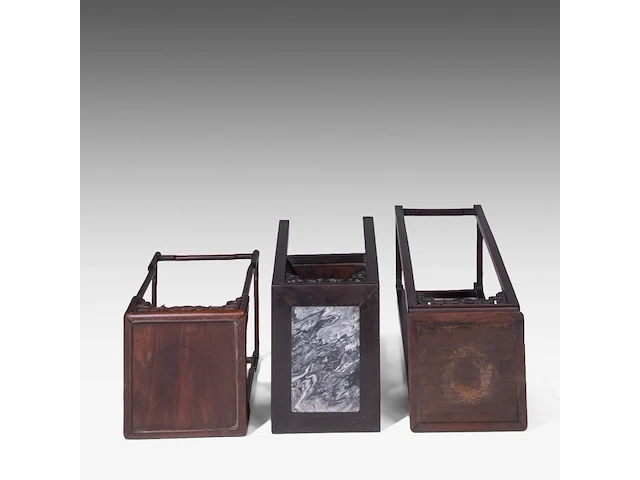 Three chinese carved hardwood rectangular bases, one incl. a marble top, late qing, tallest h 138,5 cm - afbeelding 6 van  6