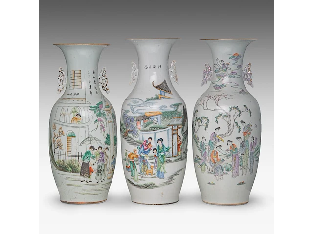 Three chinese famille rose 'figures in a garden' vases, all with a signed text on the back, republic period, h 56 - 58 cm - afbeelding 1 van  6