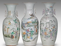 Three chinese famille rose 'figures in a garden' vases, all with a signed text on the back, republic period, h 56 - 58 cm