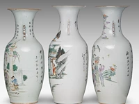 Three chinese famille rose 'figures in a garden' vases, all with a signed text on the back, republic period, h 56 - 58 cm - afbeelding 2 van  6