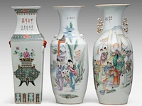 Three chinese famille rose vases, incl. a 'flowers in antiquities' fanghu vase, two vases with animated scenes, late 19thc, tallest h 58 cm