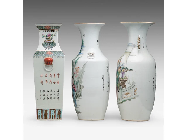Three chinese famille rose vases, incl. a 'flowers in antiquities' fanghu vase, two vases with animated scenes, late 19thc, tallest h 58 cm - afbeelding 2 van  6