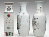 Three chinese famille rose vases, incl. a 'flowers in antiquities' fanghu vase, two vases with animated scenes, late 19thc, tallest h 58 cm - afbeelding 2 van  6