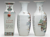 Three chinese famille rose vases, incl. a 'flowers in antiquities' fanghu vase, two vases with animated scenes, late 19thc, tallest h 58 cm - afbeelding 4 van  6
