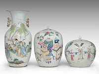 Three chinese famille rose ware, incl. a fine 'immortals' melon-shaped ginger jar, all late 19thc, total h 22,5 - h 42 cm