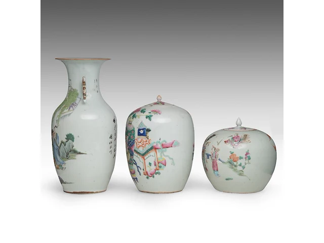 Three chinese famille rose ware, incl. a fine 'immortals' melon-shaped ginger jar, all late 19thc, total h 22,5 - h 42 cm - afbeelding 2 van  8