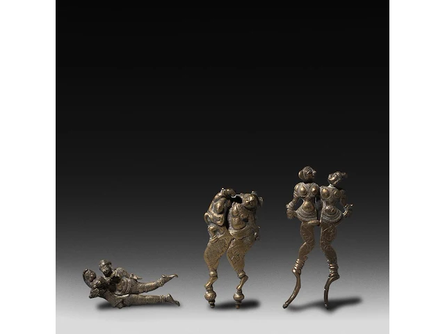 Three erotic brass betel nut cutters, india, h 16 cm (tallest) - afbeelding 1 van  5
