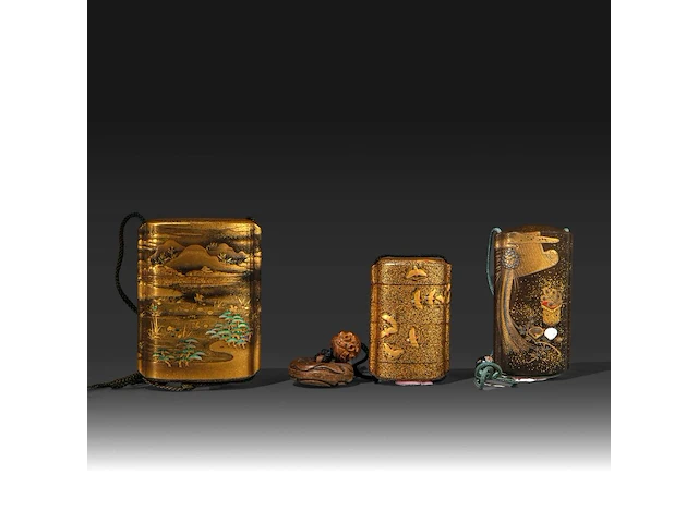 Three japanese gold lacquered inro, edo/meiji period (19thc) - afbeelding 1 van  6