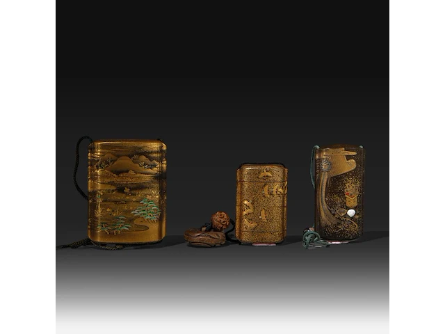 Three japanese gold lacquered inro, edo/meiji period (19thc) - afbeelding 2 van  6