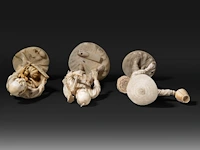 Three japanese ivory okimono of farmers, all signed, meiji period (1868-1912), h 18 cm - 239g / h 17 cm - 218g / h 17 cm - 217g (+) - afbeelding 7 van  8