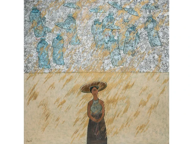 Tien quyet, woman in the rain, 2002, mixed media, 90 x 91 cm. (35.42 x 35.82 in.), frame: 95.5 x 96.5 cm. (37.60 x 37.99 in.) - afbeelding 1 van  6