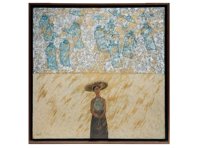 Tien quyet, woman in the rain, 2002, mixed media, 90 x 91 cm. (35.42 x 35.82 in.), frame: 95.5 x 96.5 cm. (37.60 x 37.99 in.) - afbeelding 2 van  6