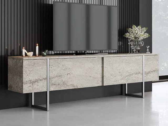 Travertijn en verzilverd metalen tv-meubel - afbeelding 1 van  8