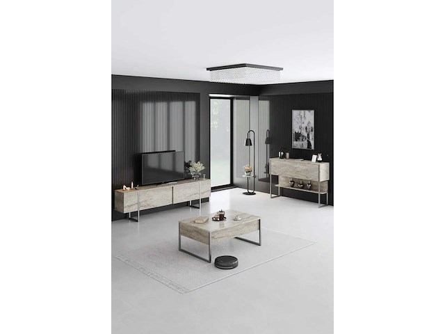 Travertijn en verzilverd metalen tv-meubel - afbeelding 3 van  8