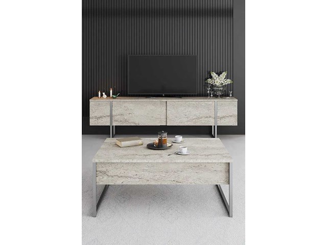 Travertijn en verzilverd metalen tv-meubel - afbeelding 6 van  8