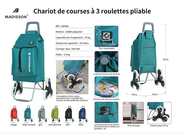 Trolley boodschappenwagentje - 55 liter - 3 wielen - met koelvak - zwart - afbeelding 6 van  11