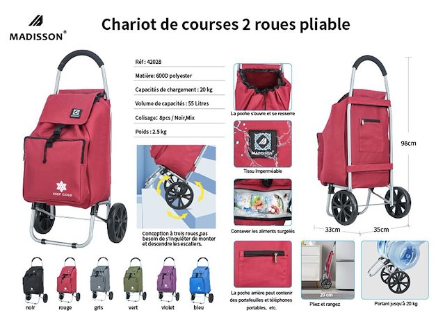 Trolley boodschappenwagentje - 55 liter - met koelvak - kleur : groen - afbeelding 6 van  11