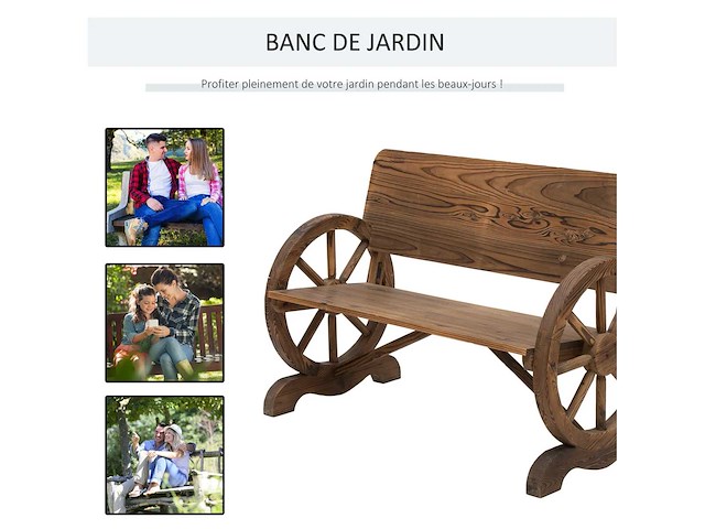 Tuinbank 3-zits rustieke stijl chique armleuningen charette-wielen houtsparrenbehandelde verkoling - afbeelding 4 van  7