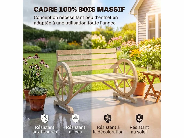 Tuinbank houten bank 3 zitplaatsen rustieke stijl chique armleuningen wielen charette - afbeelding 4 van  5