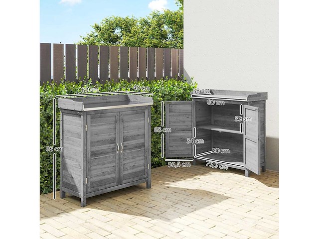 Tuinkast met pottafel, houten werktuigenschuur met gegalvaniseerd werkblad 2 planken grijs - afbeelding 3 van  6