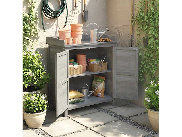 Tuinkast met pottafel, houten werktuigenschuur met gegalvaniseerd werkblad 2 planken grijs - afbeelding 4 van  6